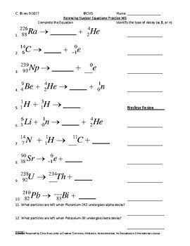 balancing nuclear equations practice worksheet answers